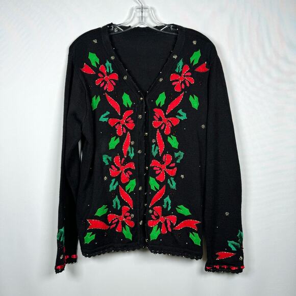 Vintage Christmas Mistletoe Embroidered Beaded Holly Knit Cardigan Sweater Sz - Picture 1 of 4
